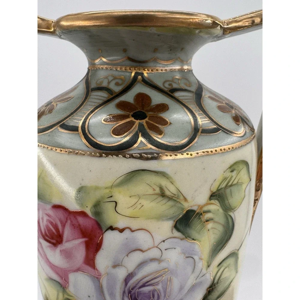 Double Handle Vase Antique Hand Painted Nippon Floral Roses Gold Gilt Porcelain